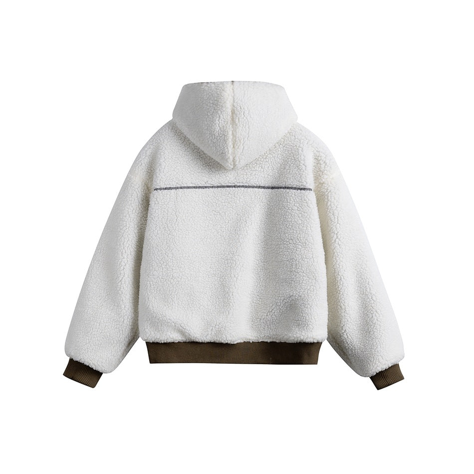 Back view of an ivory sherpa hooded jacket with dark brown ribbed cuffs and hem and a horizontal back seam.