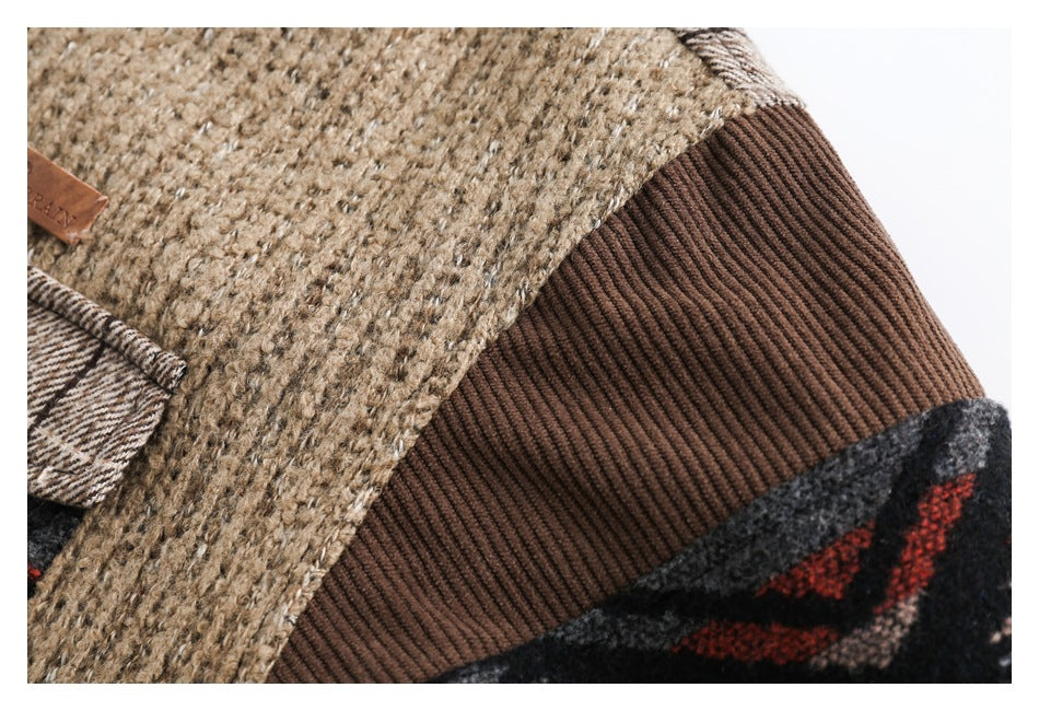 Close-up of a tan textured jacket panel, brown ribbed sleeve section, and dark patterned fabric.