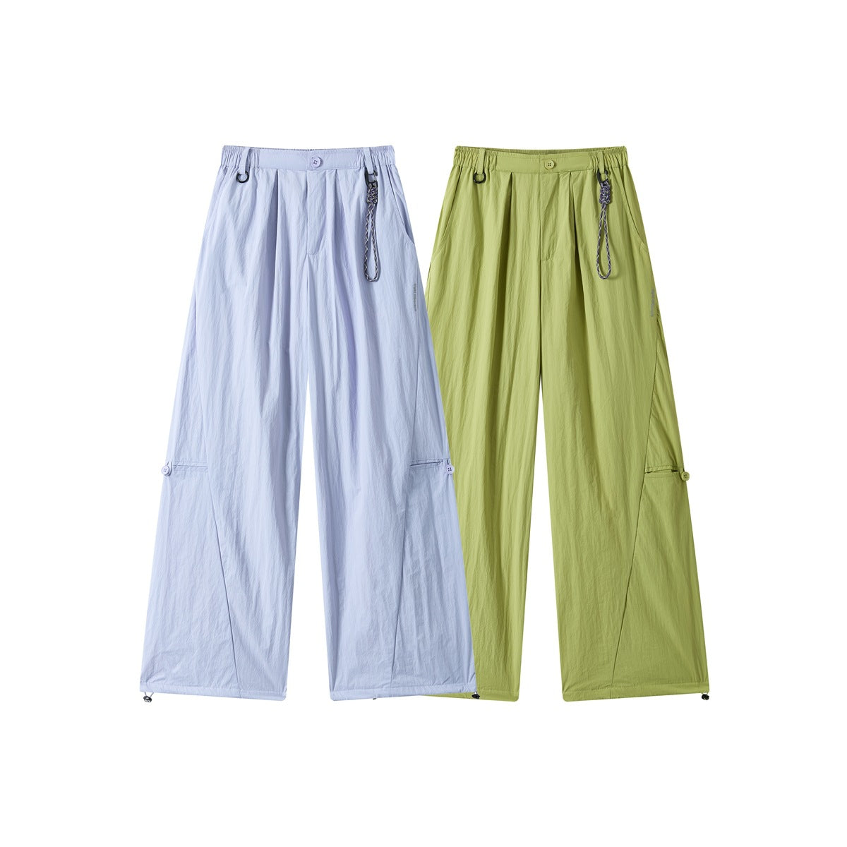 Front view of wide-leg pants in pale lavender and light olive green, with gathered waists, pleats, cords, and adjustable