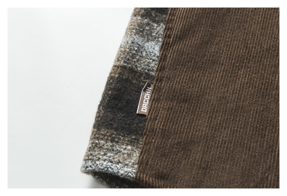 Close-up of a plaid side panel, brown corduroy and a small sewn-in brand tab.