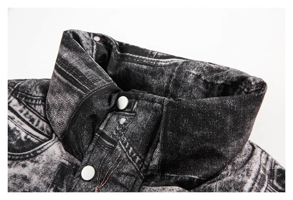 Close-up of the jacket's tall folded collar and white snap fasteners against the black and gray denim-print pattern.