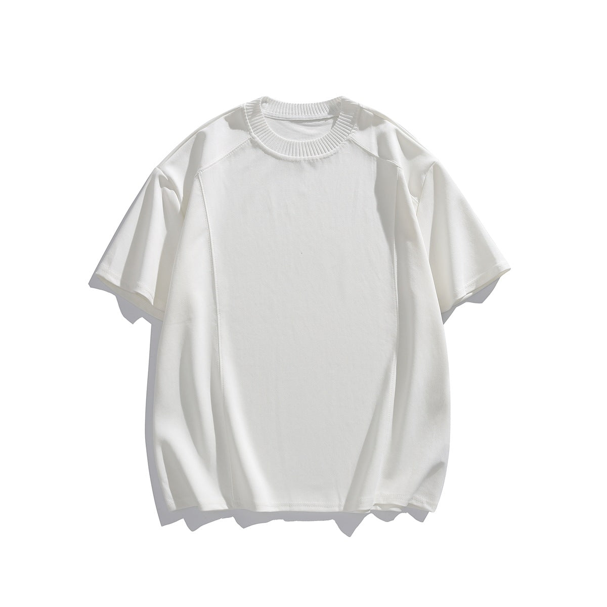 White short-sleeve crew-neck T-shirt with ribbed collar and front seam lines, flat lay on white background
