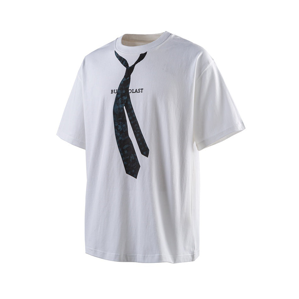White short-sleeve crew-neck T-shirt with a dark teal printed necktie graphic on the front, shown at an angle