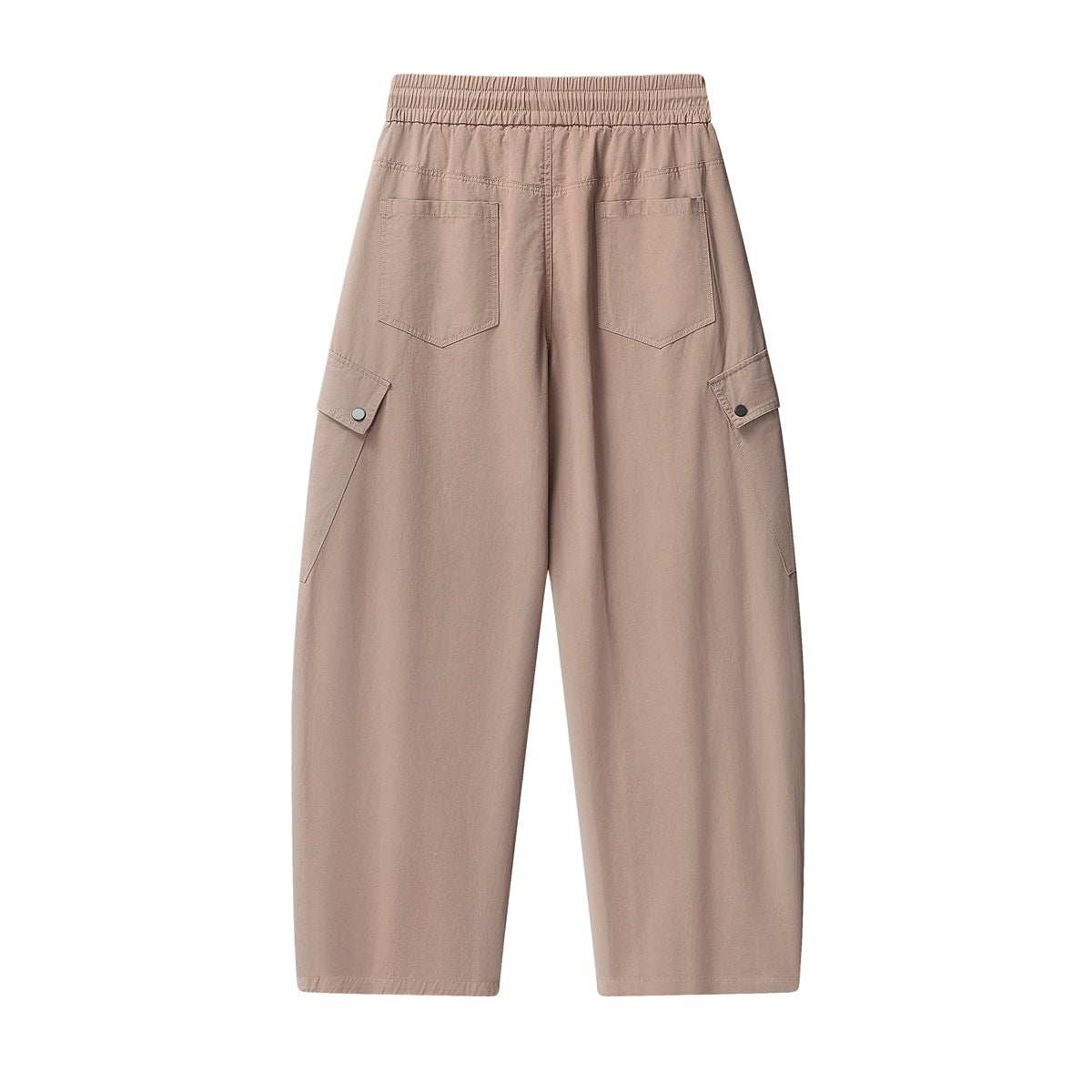 Back view of taupe wide-leg cargo pants with an elastic waistband, two rear pockets, and side snap-flap pockets.