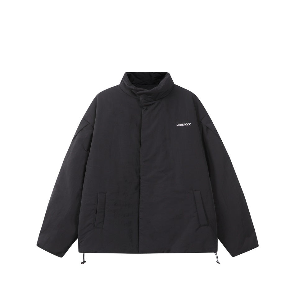 Black stand-collar padded-look jacket, front flat view with side pockets and drawstring hem