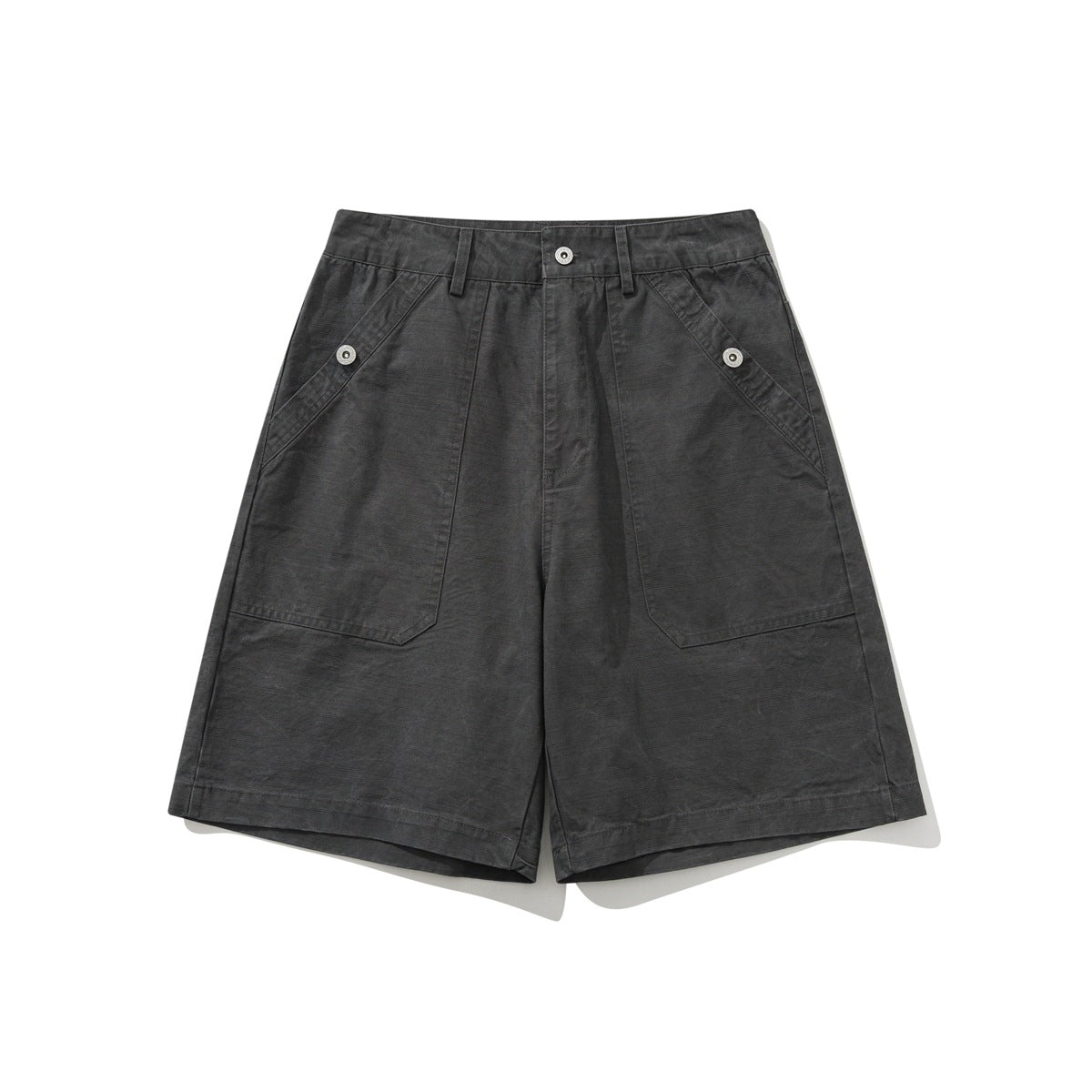 Charcoal gray knee-length utility shorts, flat front view with patch pockets and snap button tabs