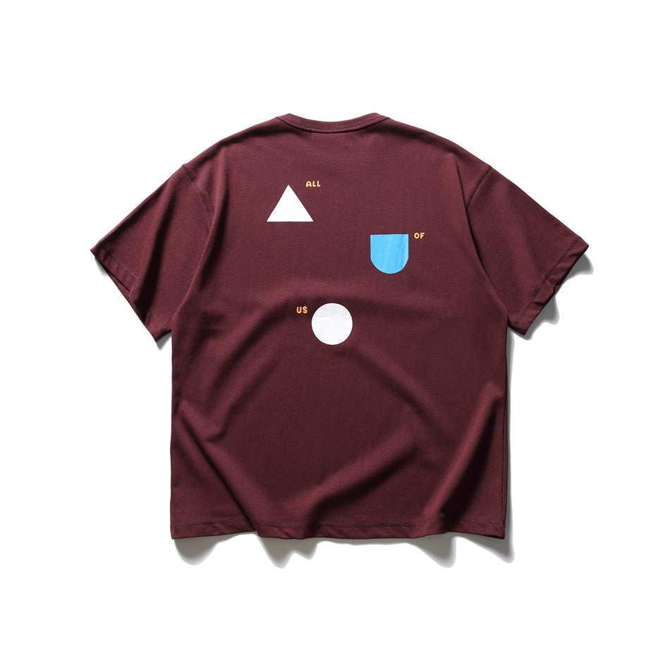 Burgundy short-sleeve T-shirt flat lay, back view, with white triangle, blue U shape, white circle and orange ALL OF US text