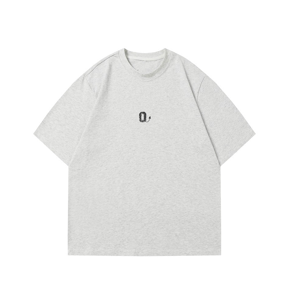 Front view of a light gray heather short-sleeve crew-neck T-shirt with a small dark chest emblem.