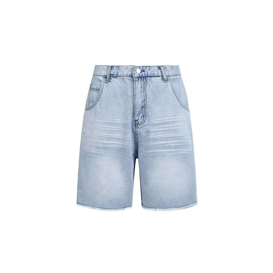 Light blue washed denim shorts with frayed hem, front view on white background