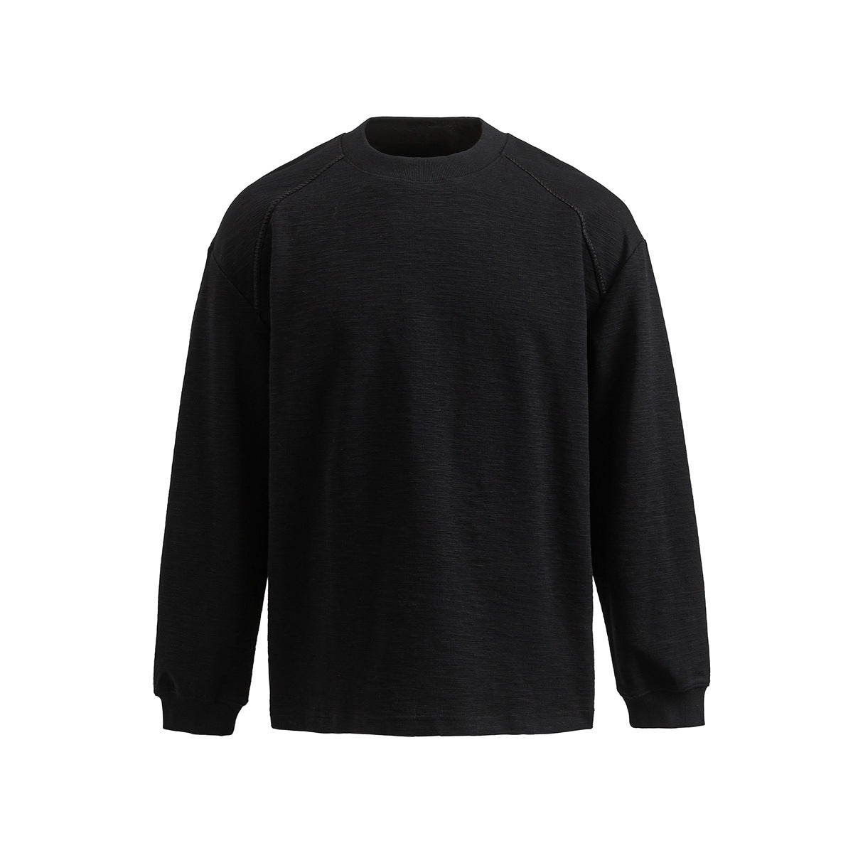 Black crew-neck long-sleeve raglan pullover with ribbed collar and cuffs, flat front view on a plain background
