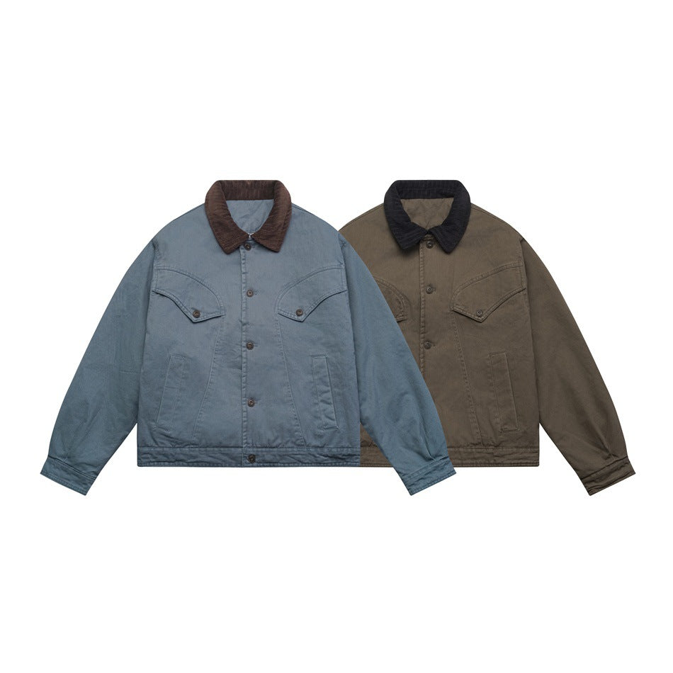 Two front-view work jackets: one faded blue with a brown collar, and one olive-brown with a black collar.