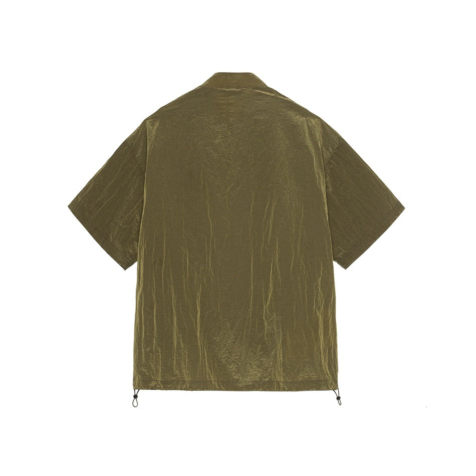 Back view of khaki green short-sleeve shirt with crinkled sheen texture and hem drawcord toggles