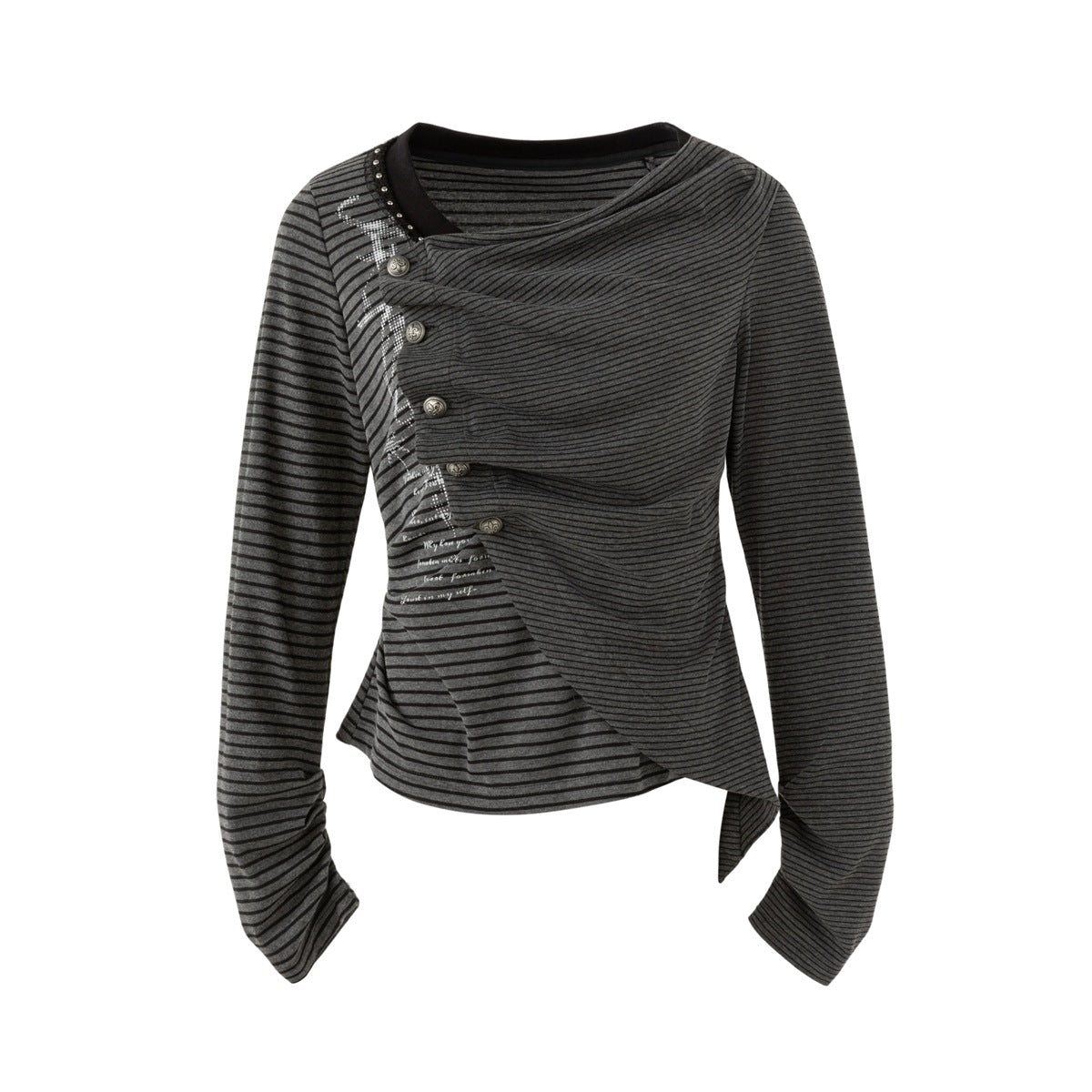 Gray and black striped long-sleeve top with asymmetrical diagonal button placket, draped neckline and studded collar trim