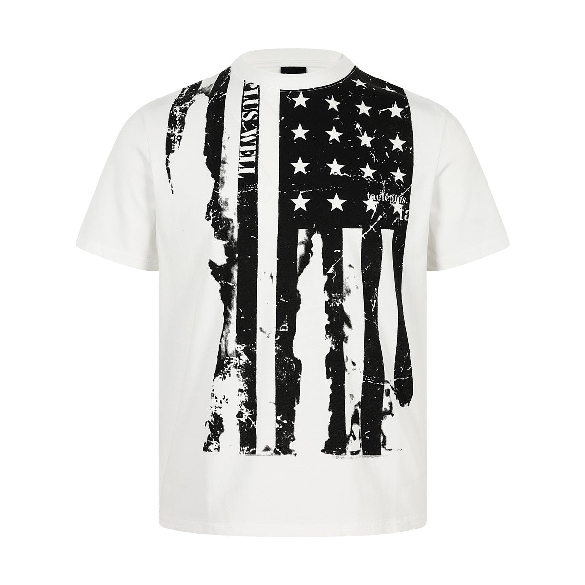 White short-sleeve crew neck t-shirt with a distressed black and white American flag print on the front