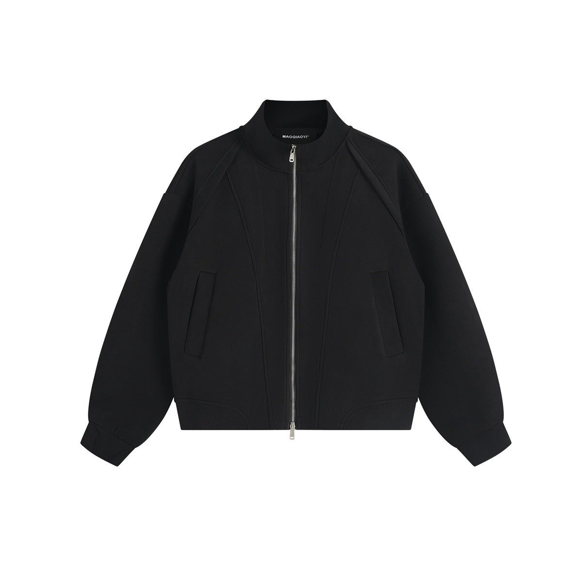 Black stand-collar full-zip jacket, flat lay front view with curved seam details, slanted pockets and ribbed hem