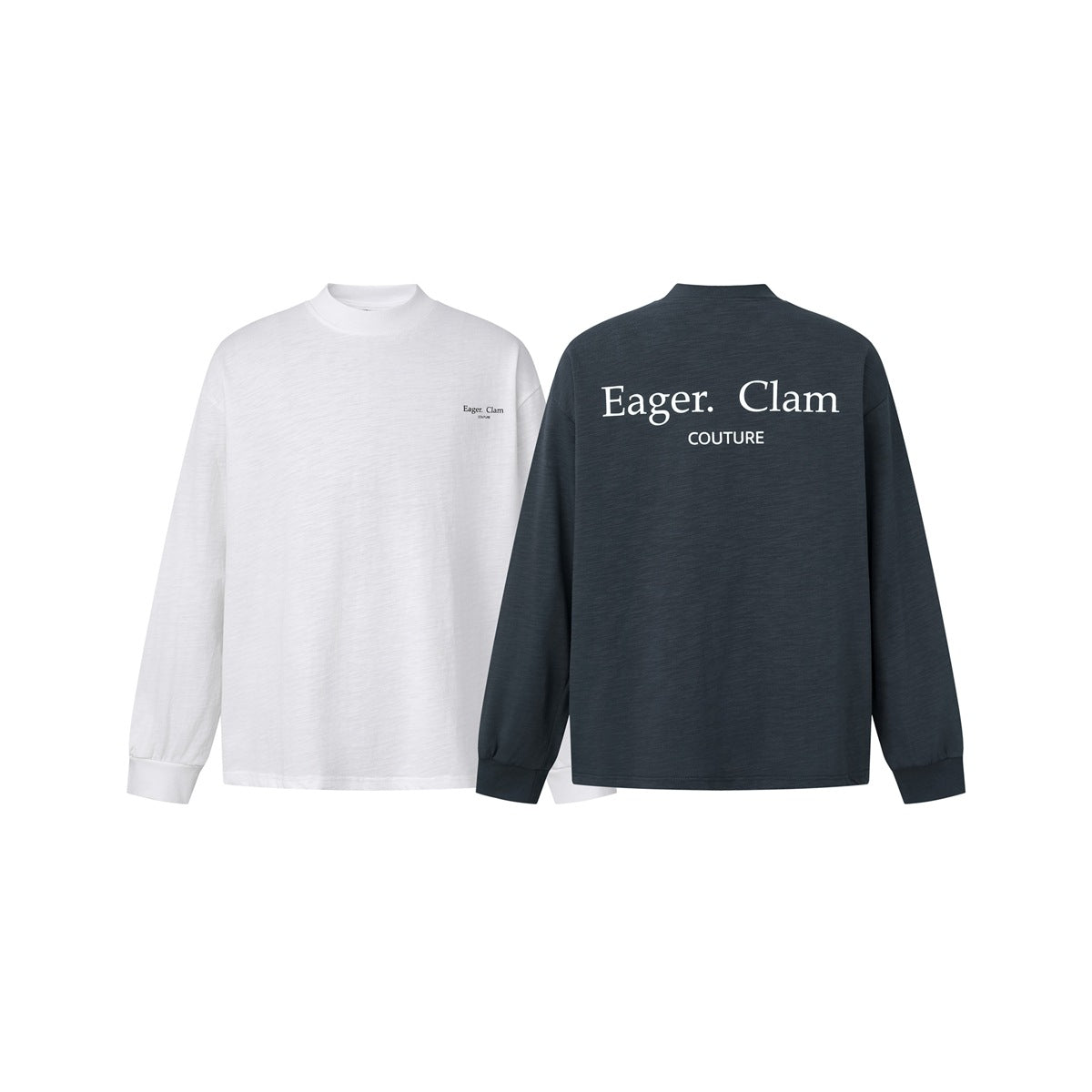 White and charcoal long-sleeve crew-neck shirts shown from the front and back, with “Eager. Clam COUTURE” lettering.