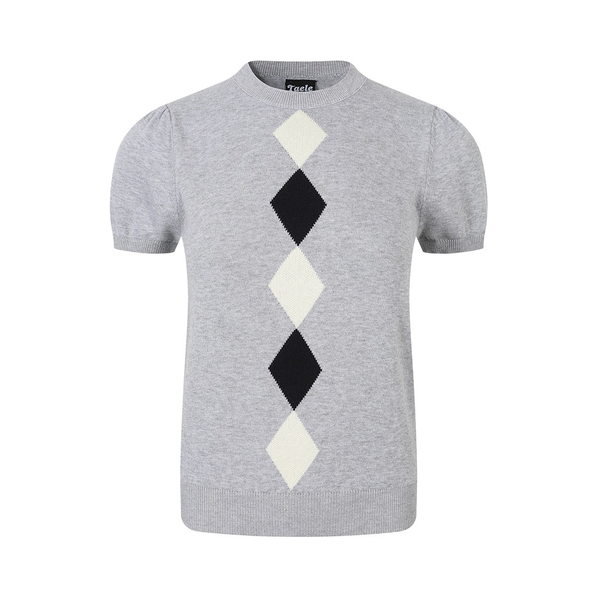 Heather gray short-sleeve knit top with cream and black argyle diamonds down the front, flat lay on white