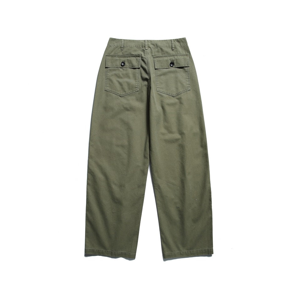 Olive-green wide-leg trousers shown from the back, with two button-flap pockets.