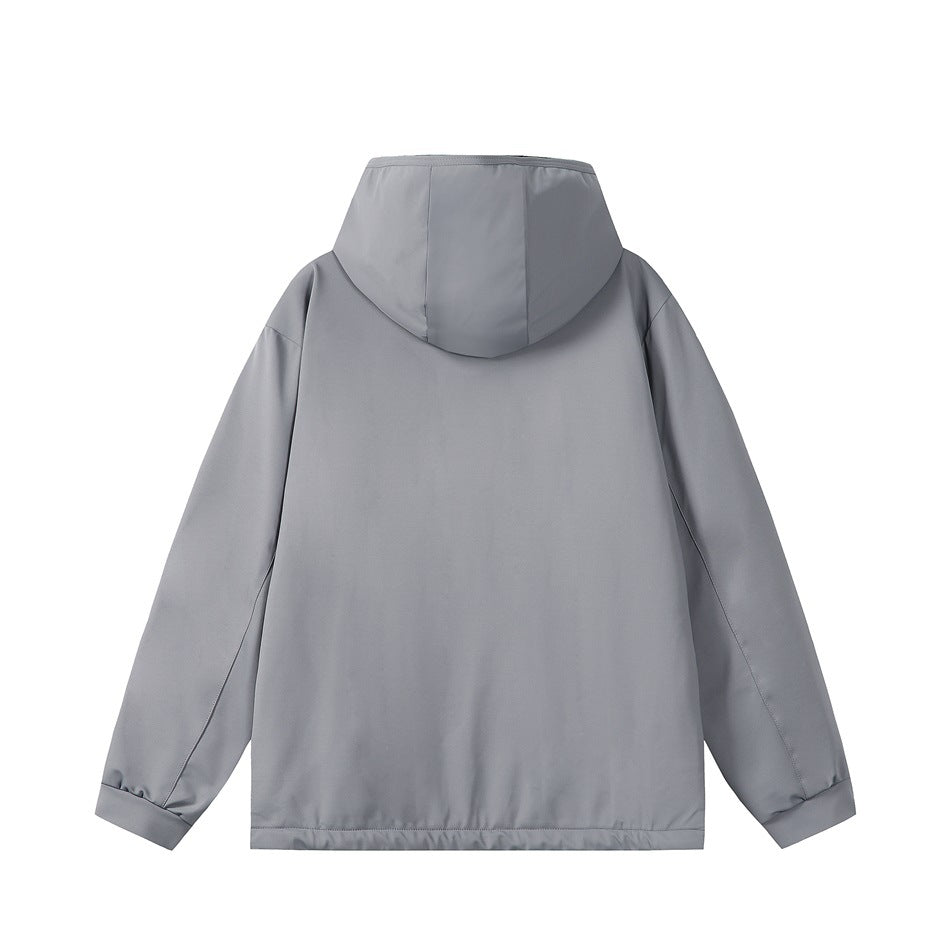 Back view of a plain gray hooded jacket with long sleeves and finished cuffs and hem.