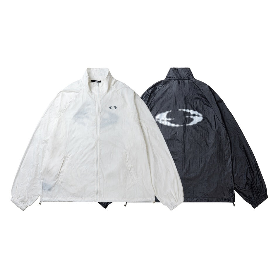 White jacket front and black jacket back displayed together, both with high collars and zip fronts; black back has a large