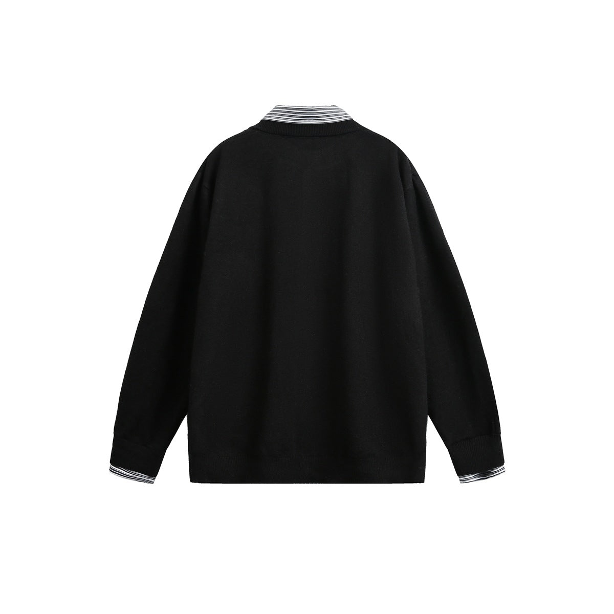 Back of a black knit sweater with a striped shirt collar and striped cuffs.