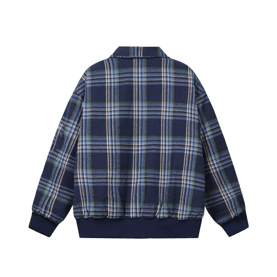 Back view of blue plaid bomber-style jacket with collar, ribbed cuffs and ribbed hem