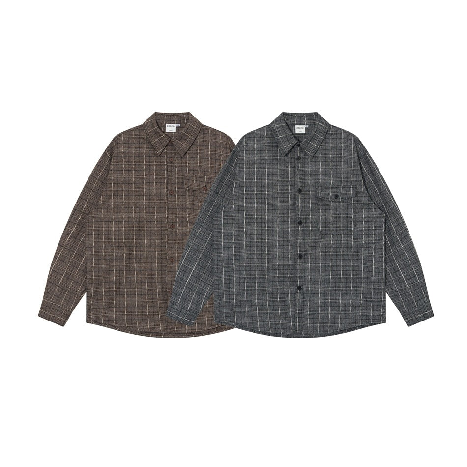Two long-sleeve plaid button-up shirts shown from the front in brown and gray.