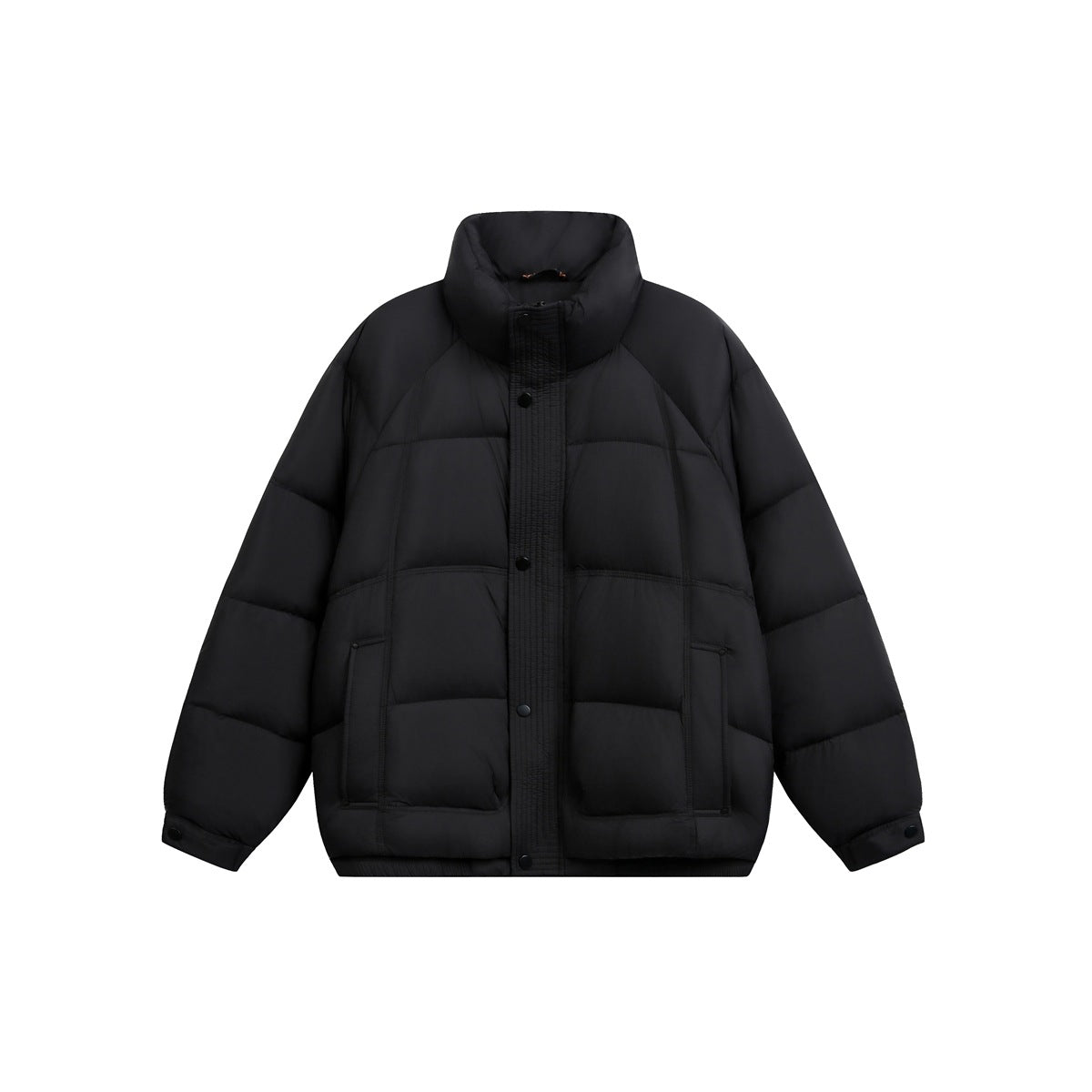 Black quilted puffer jacket with stand collar, snap-button placket and front pockets, flat front view