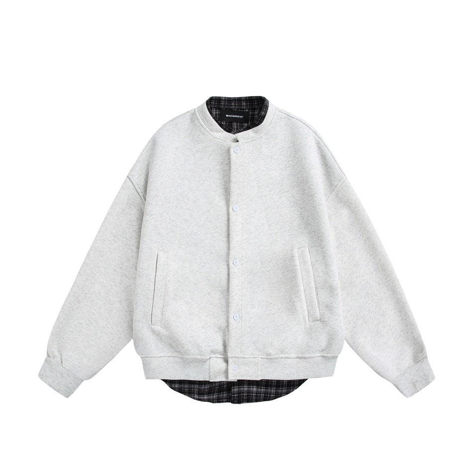 Light heather gray button-front jacket with stand collar, ribbed cuffs and hem, and plaid layer at collar and hem