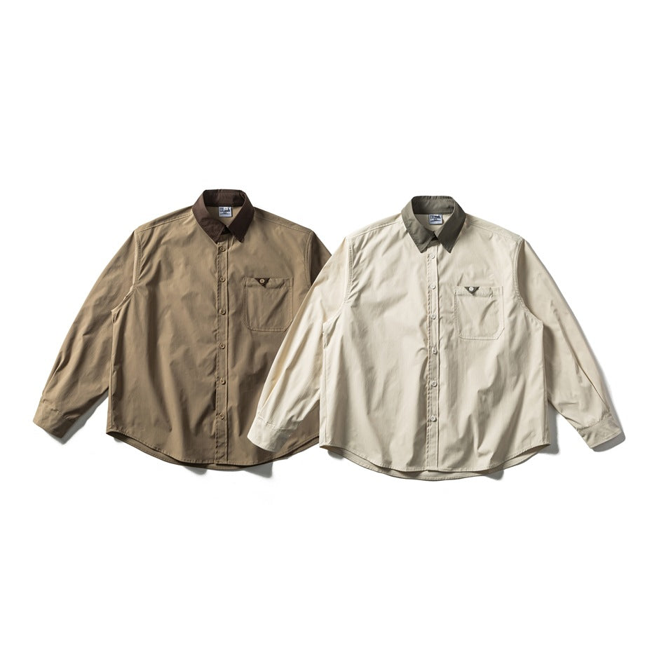 Two long-sleeve button-up shirts shown from the front: taupe with a dark brown collar and ivory with a gray collar.