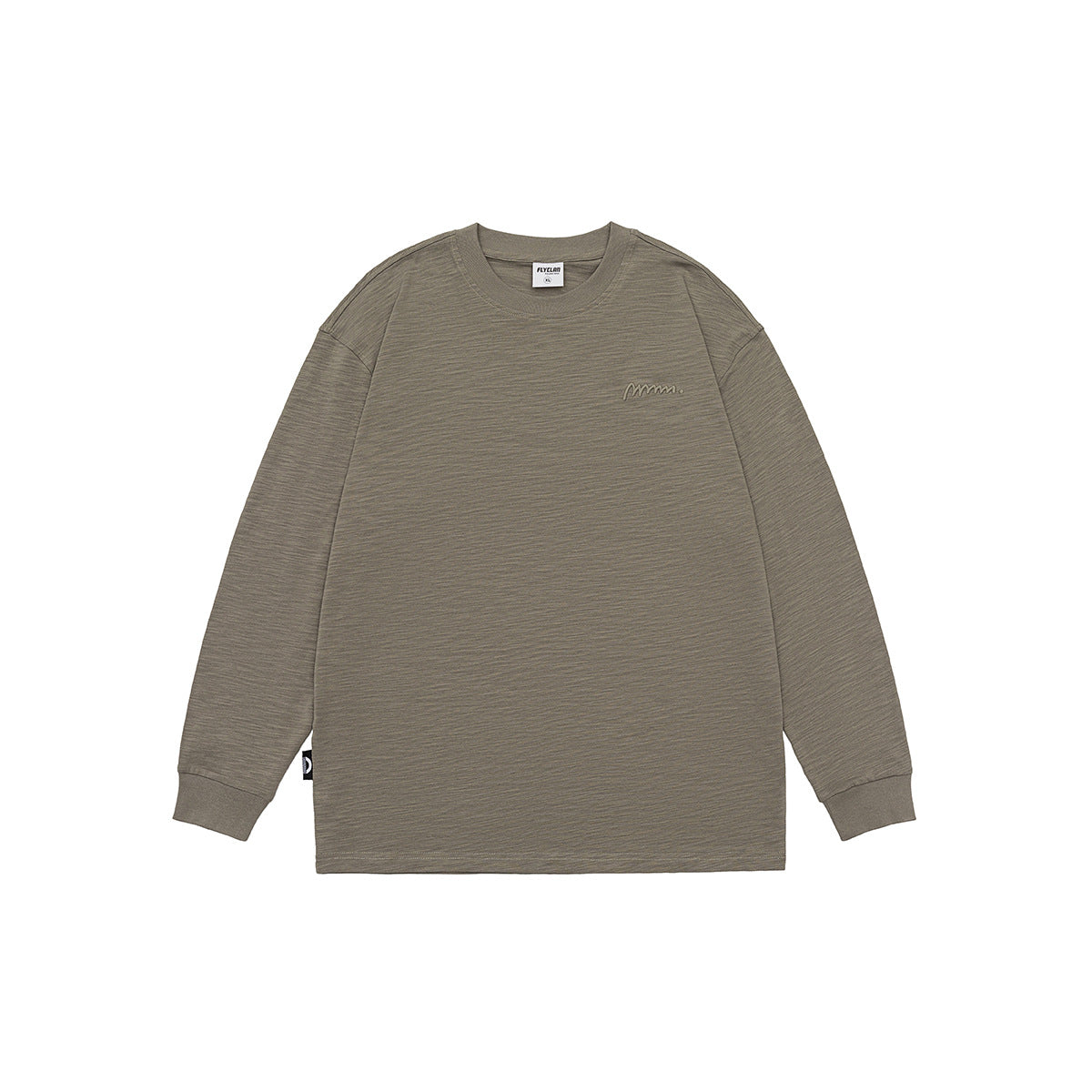 Khaki taupe long-sleeve crew-neck tee with ribbed cuffs and a small chest mark, flat lay front view