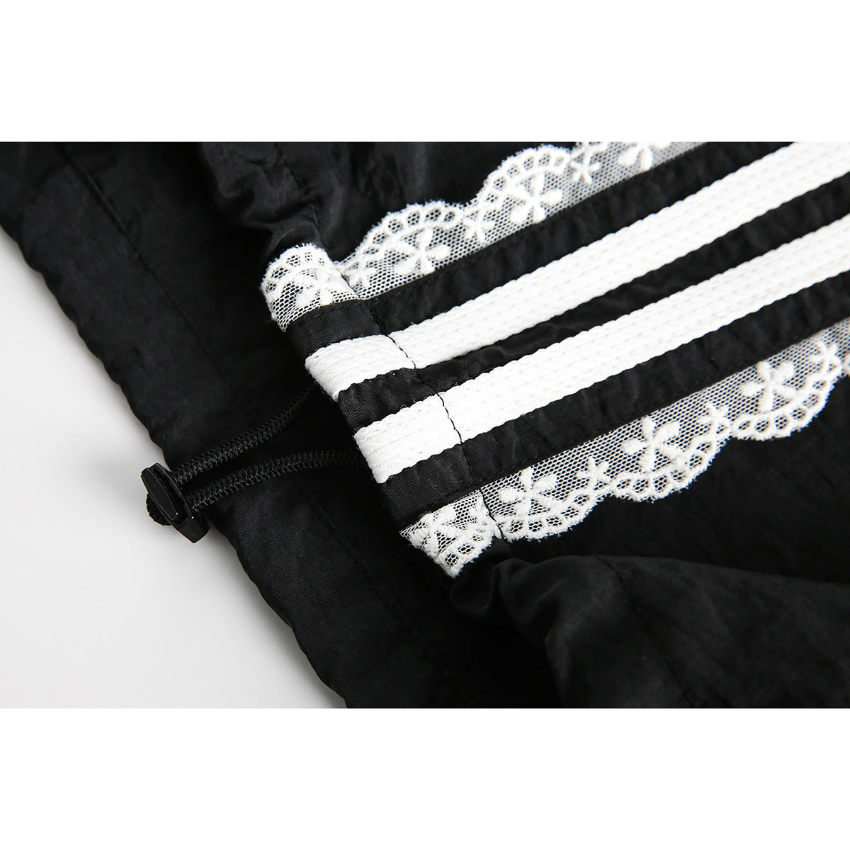 Close-up of white striped and scalloped lace trim beside a zipper on a black skirt.