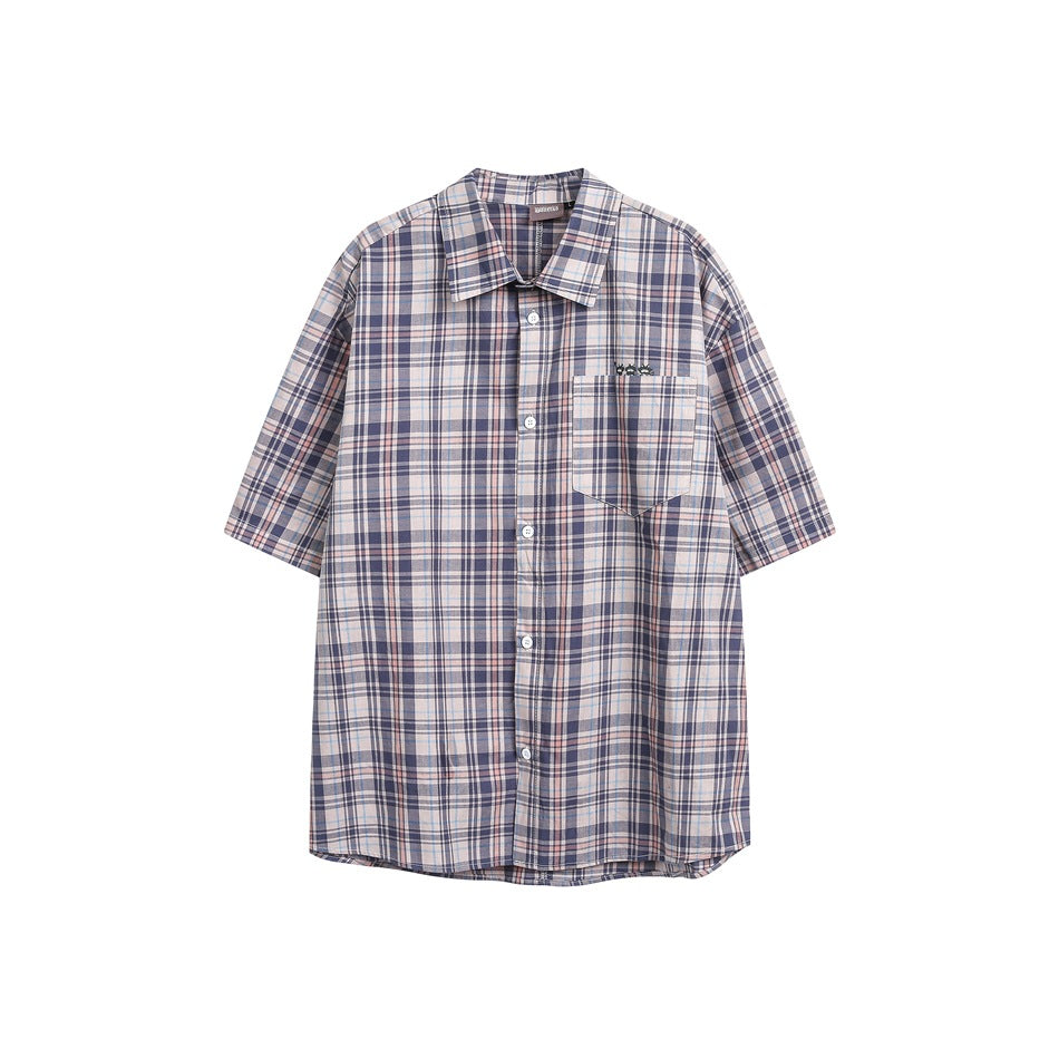 Beige, navy and pink plaid short-sleeve button shirt with chest pocket, front flat view