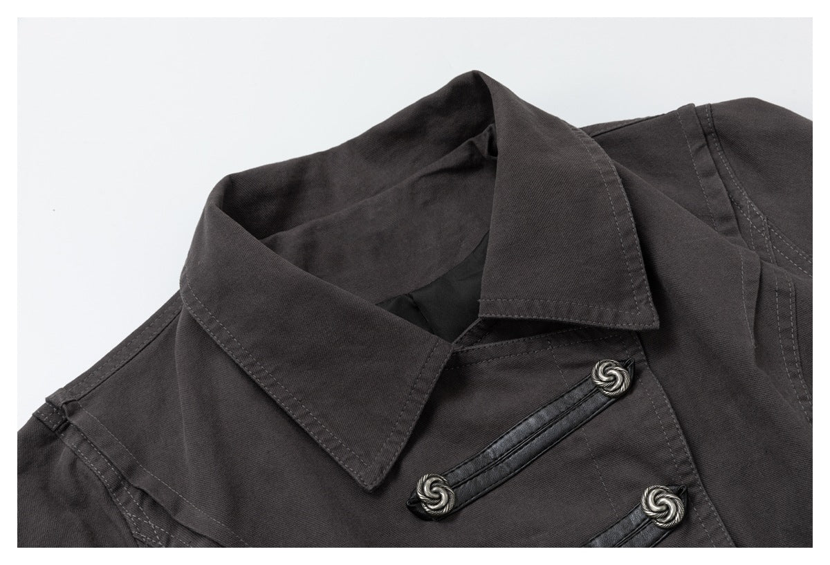 Close-up of the charcoal jacket's wide collar, stitched seams, and black-trimmed front toggles with silver-toned ends.