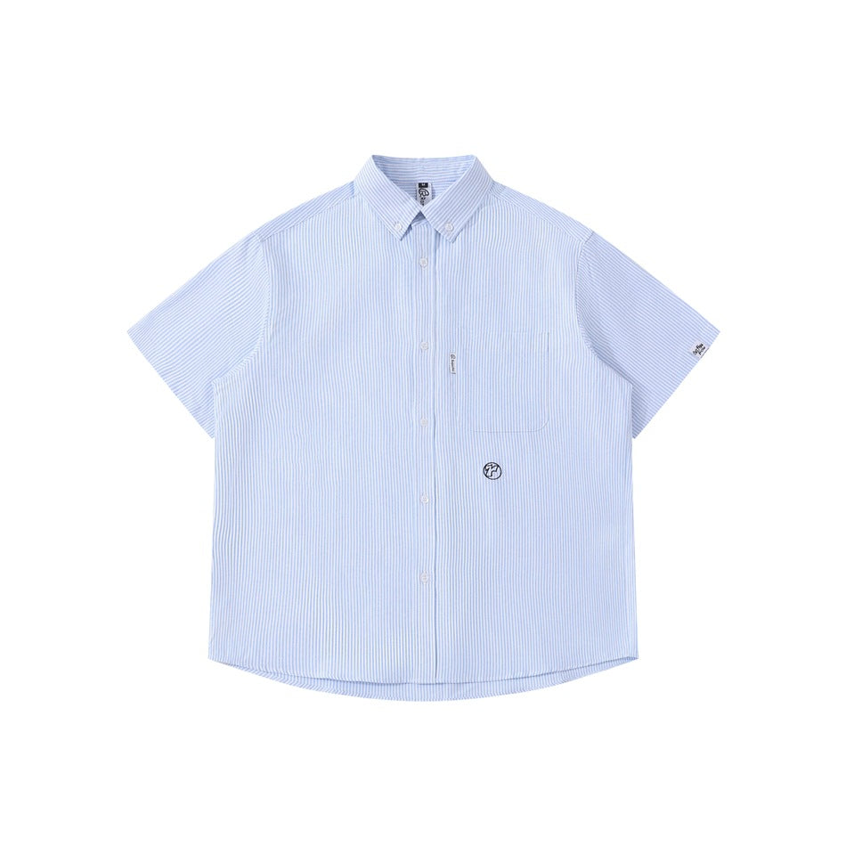 Light blue and white striped short-sleeve button-down shirt, flat front view with chest pocket and small navy emblem