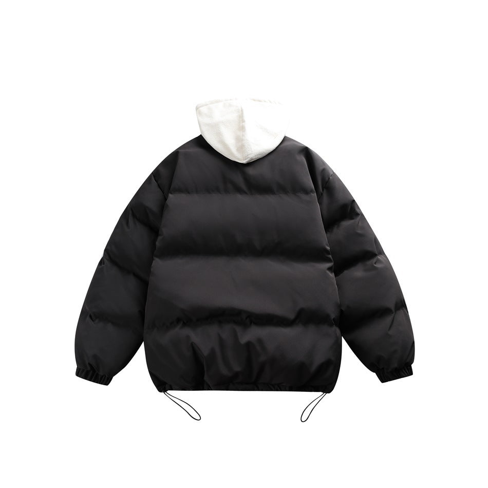 Back view of black quilted puffer jacket with cream hood, elastic cuffs and hem drawcord toggles