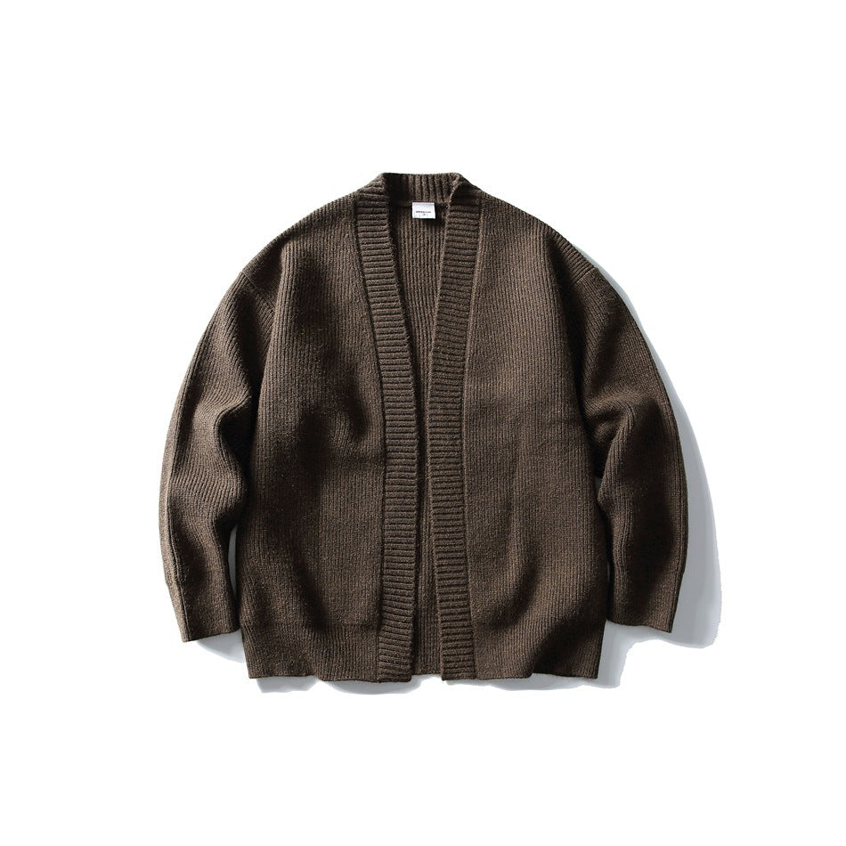 Brown ribbed-knit open-front cardigan with wide ribbed front bands, shown flat from the front