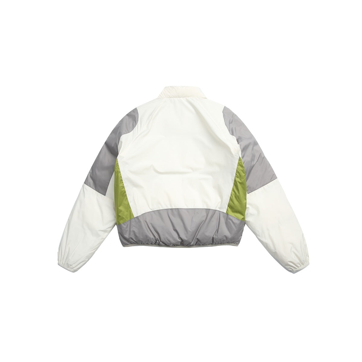 Back view of a white jacket with gray panels and lime-green side inserts, shown against a white background.