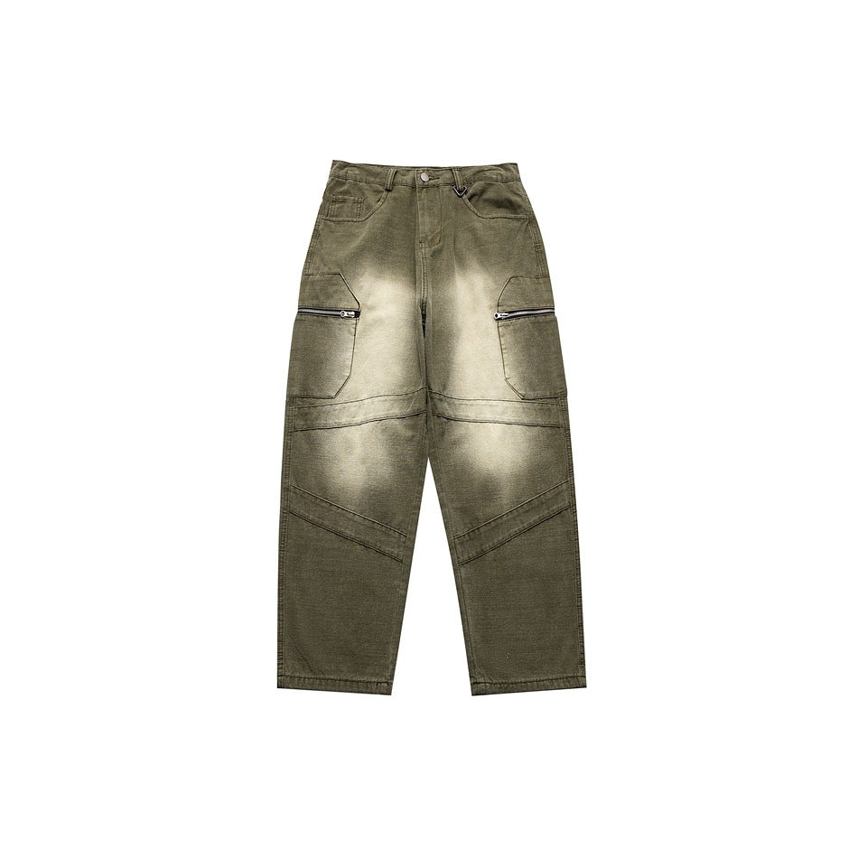 Army green washed wide-leg cargo pants with zip thigh pockets and paneled knees, front view on white background