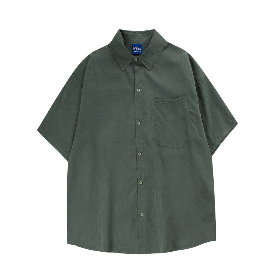 Army green short-sleeve button-up shirt with collar and chest pocket, flat lay front view