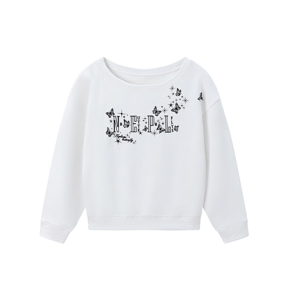 White crewneck sweatshirt with black butterfly, sparkle and stylized lettering graphic on the front