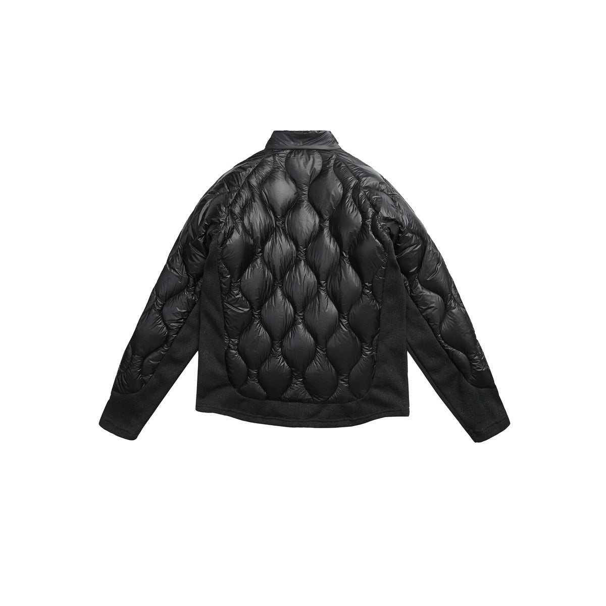 Back view of a black jacket with a quilted padded center and sleeves, knit side panels, and a short stand collar.