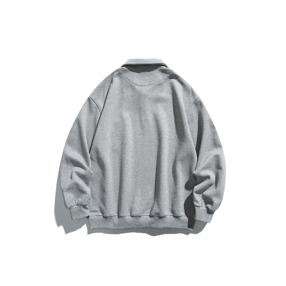 Full back view of a plain heather-gray pullover with a collar, long sleeves, ribbed cuffs, and ribbed hem.