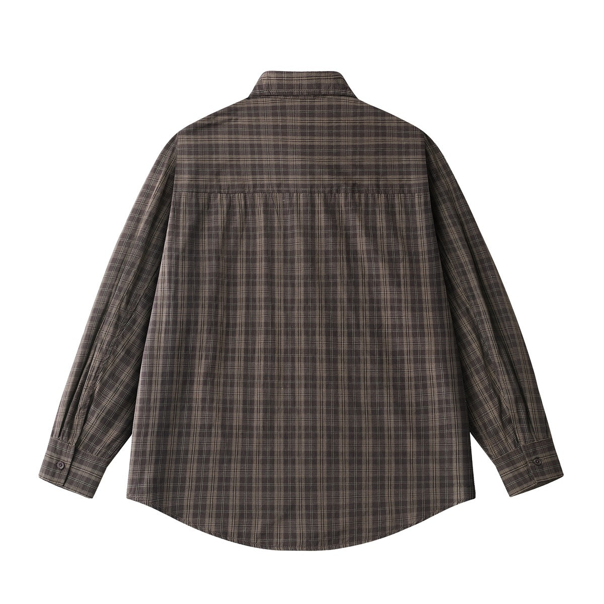 Back view of a dark brown plaid long-sleeve button-up shirt with a gathered yoke.