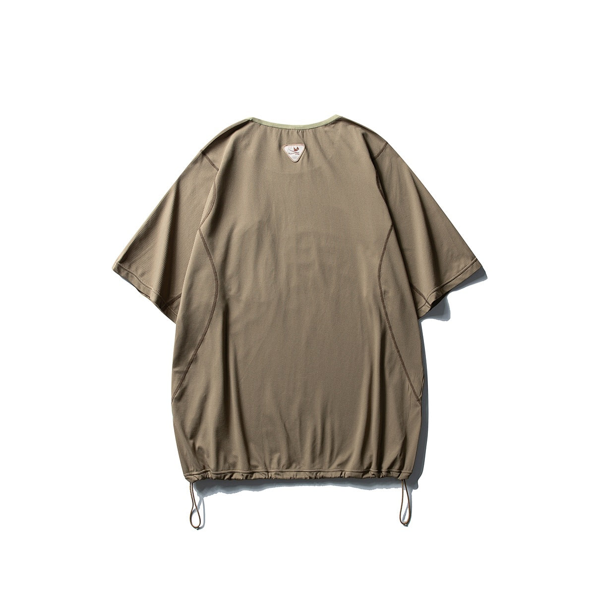 Back of a loose taupe short-sleeve top with curved seams, a small neck label and drawcords at the hem.