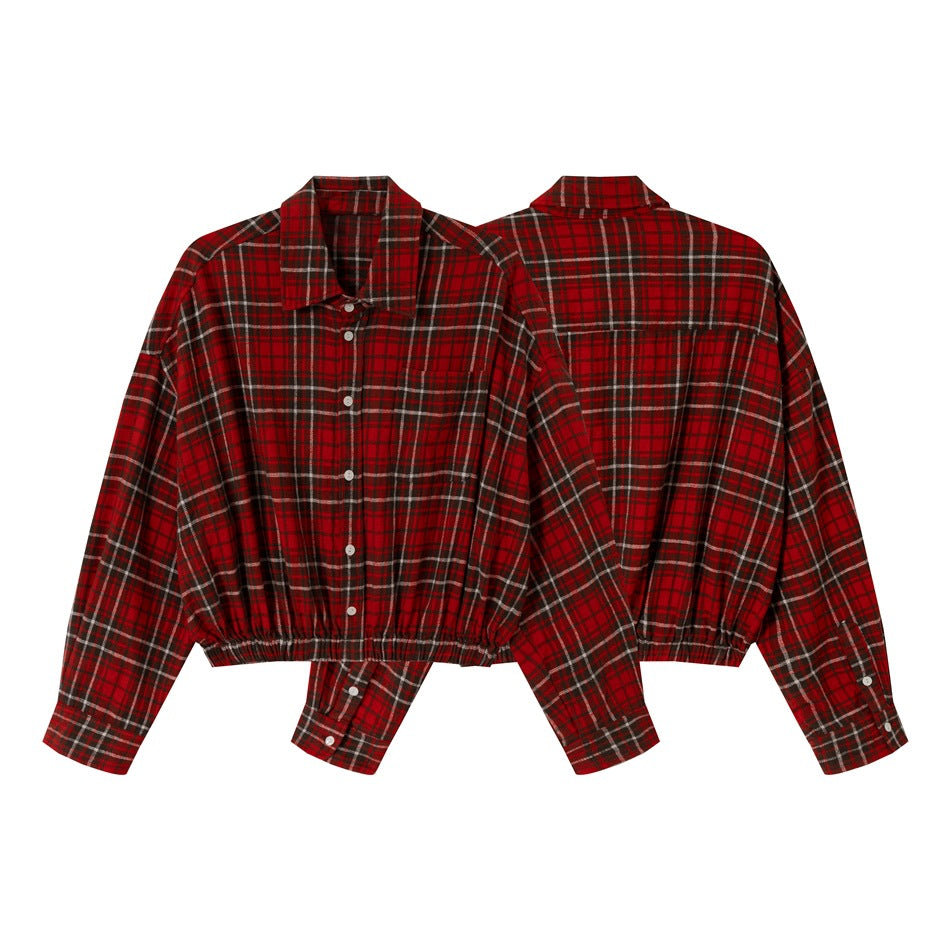 Red plaid button-up shirt shown from the front and back on a white background; the hem is gathered.
