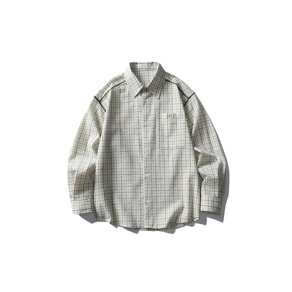 Cream and dark gray grid check long-sleeve shirt with pointed collar and chest pocket, flat lay front view