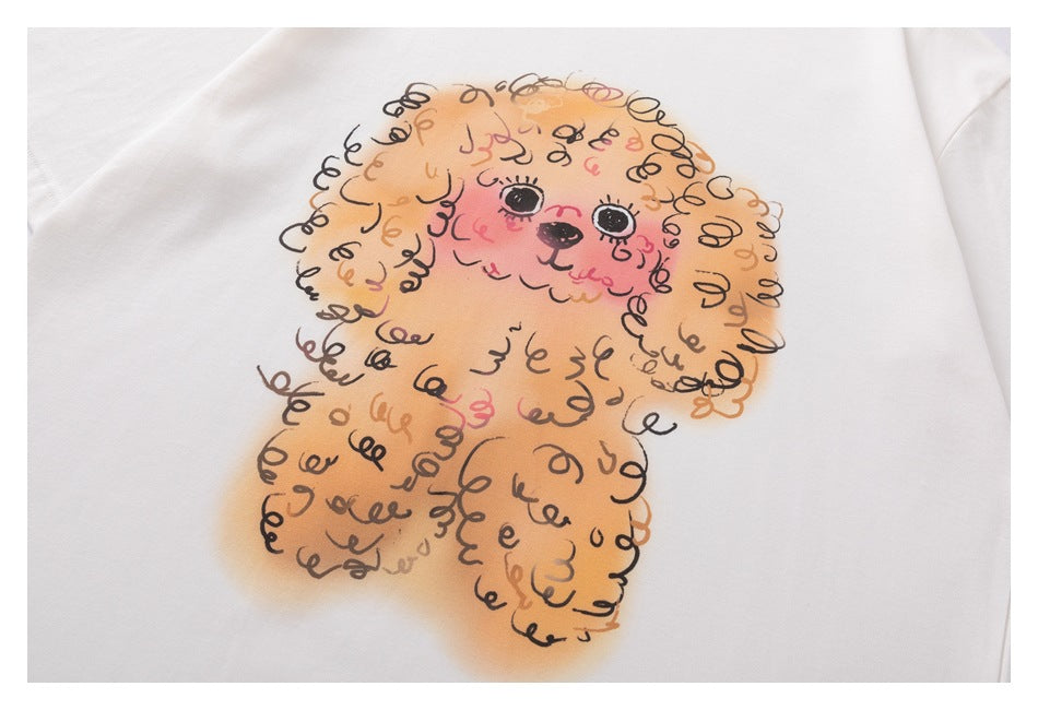 Colorful curly-haired dog illustration centered on the chest of a white T-shirt.