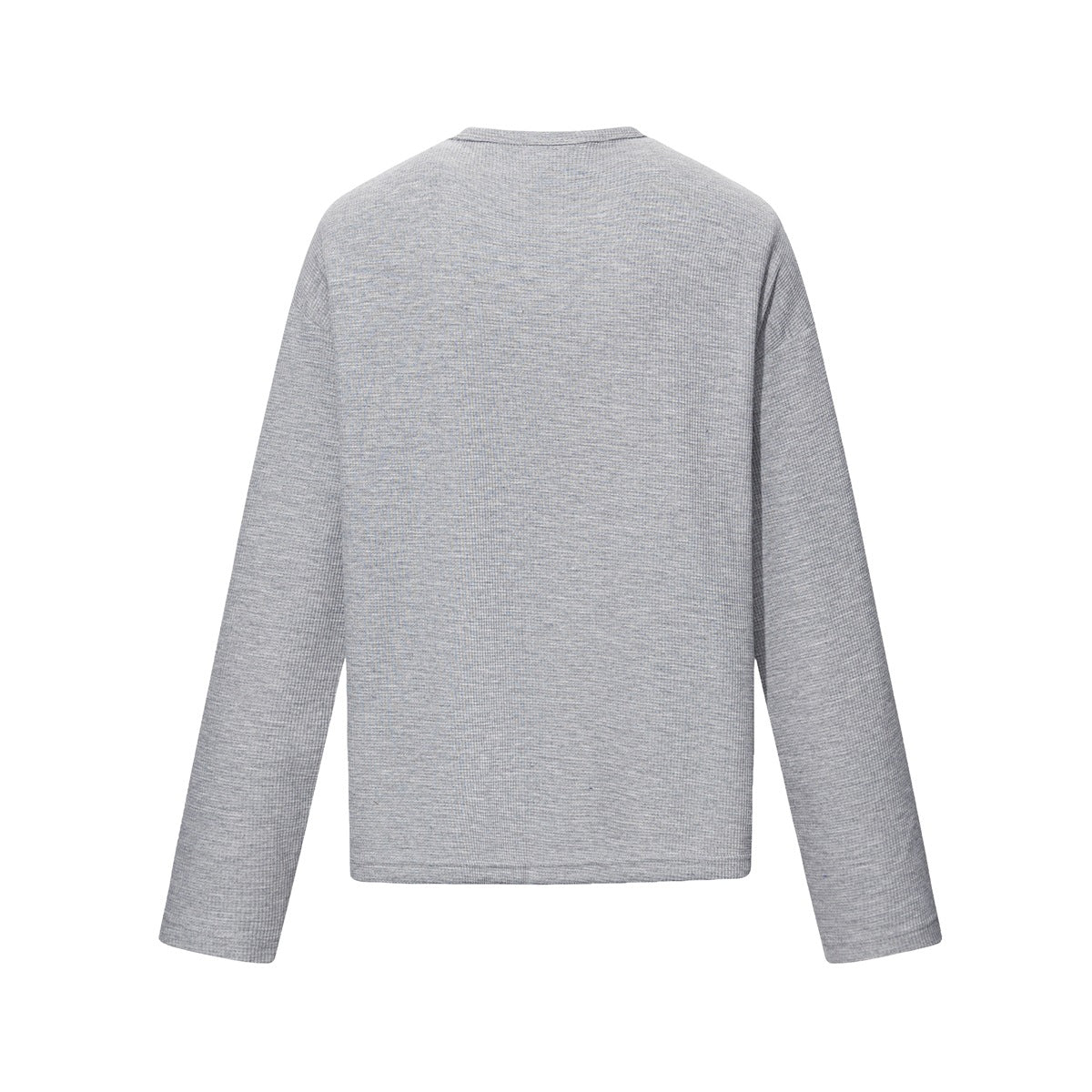 Back view of heather gray long-sleeve waffle-knit top with drop shoulders and no print