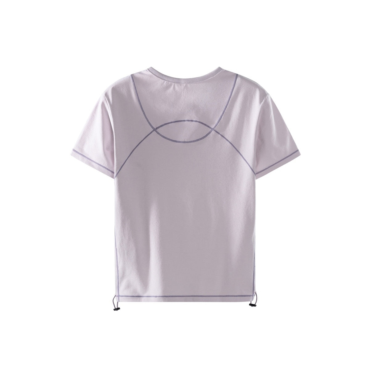 Back of a pale lavender short-sleeve shirt with gray-purple curved piping and adjustable hem cords.